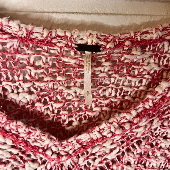 Free People Red White Cotton Linen Blend Open Knit Sweater, Women’s Size Small - Picture 4 of 10